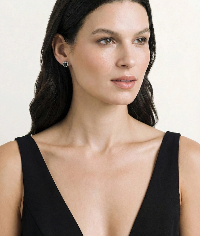 Black Mother of Pearl Heart-Shaped Ophelia Earrings - Model Image