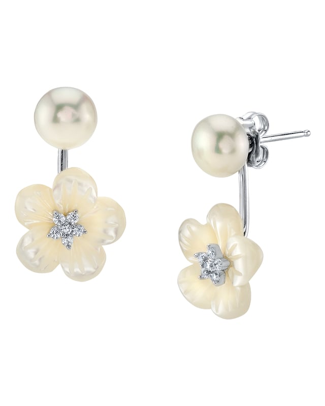 White Freshwater Pearl Removable Mother of Pearl Orchid Flower Earrings