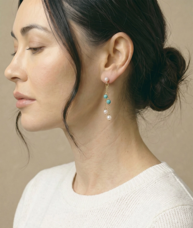 White Freshwater Pearl Turquoise Earrings - Model Image