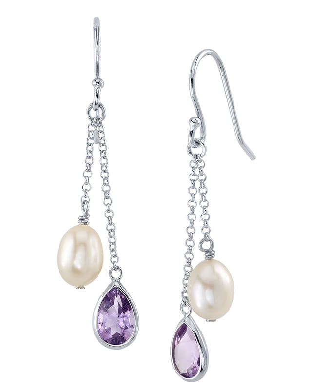 White Freshwater Drop-Shape Cultured Pearl & amethyst Earrings