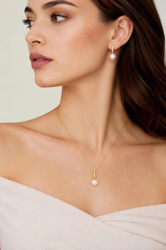 Akoya Pearl Dangling Diamond Pendant & Earrings - Third Image