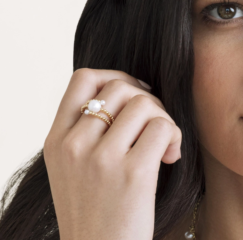 18K Gold White Freshwater Pearl Beaded Shay Ring - Model Image