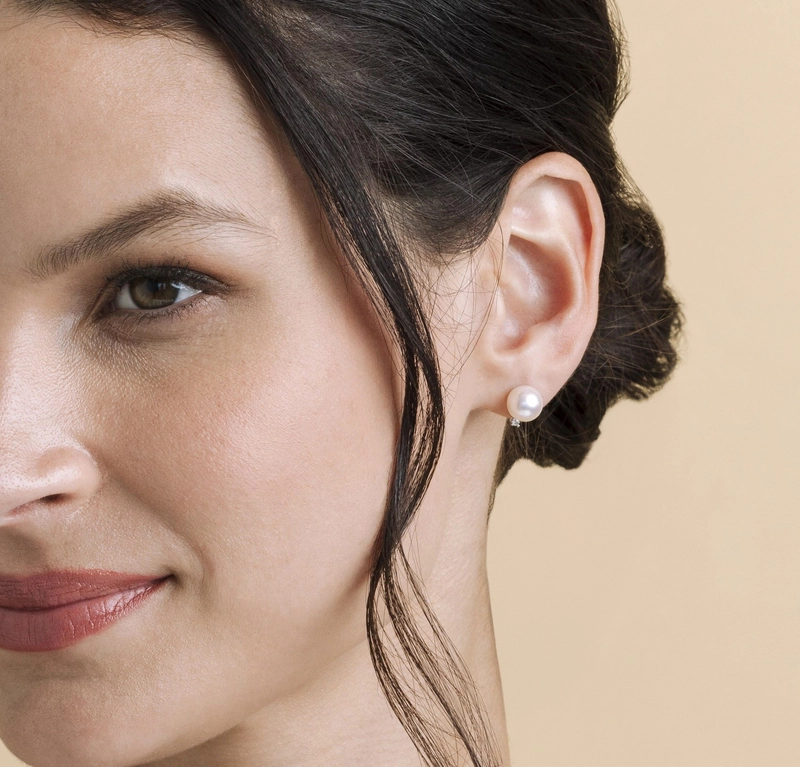 Freshwater Pearl & Diamond Classic Earrings - Model Image