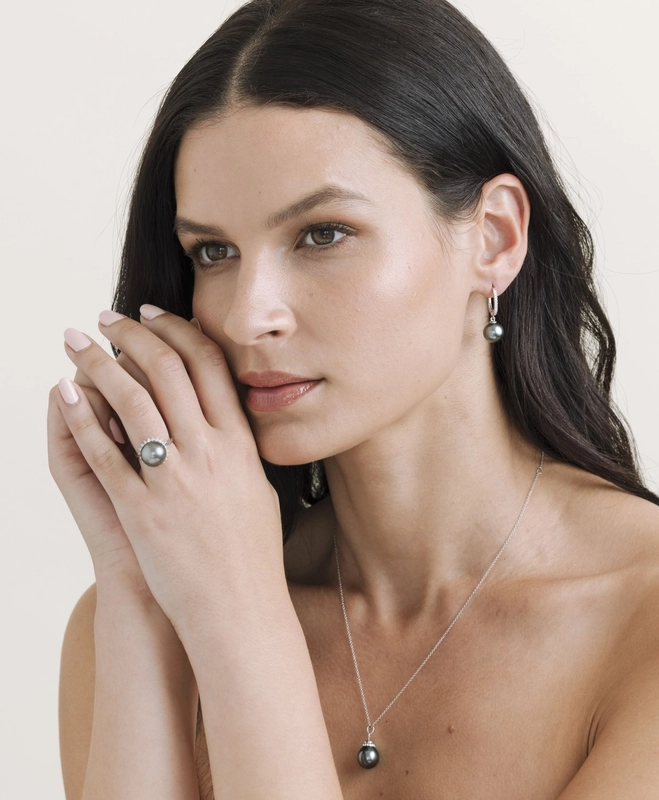 Tahitian South Sea Pearl & Diamond Huggie Aurora Leverback Earrings - Secondary Image