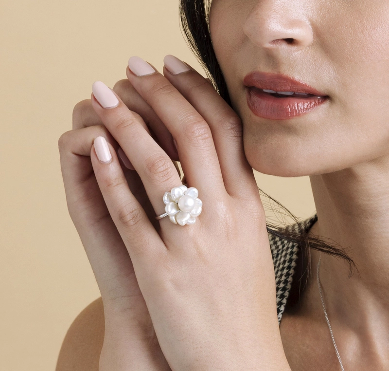 White Freshwater Cultured Keshi Pearl Ring - Model Image
