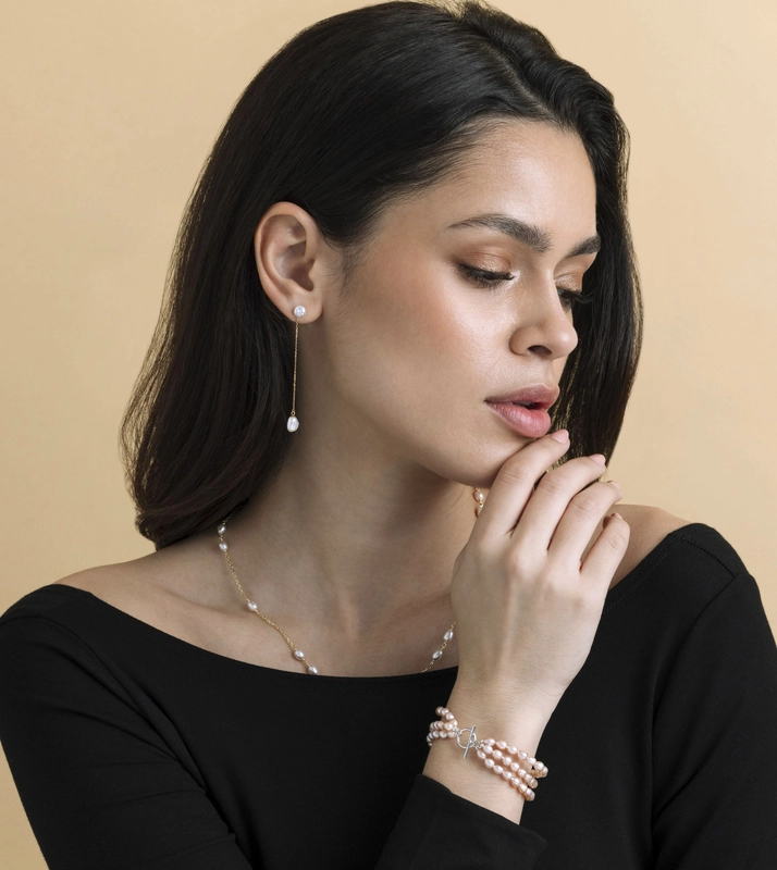 4-5mm Oval Pink Freshwater Pearl Triple Pearl Bracelet - Secondary Image