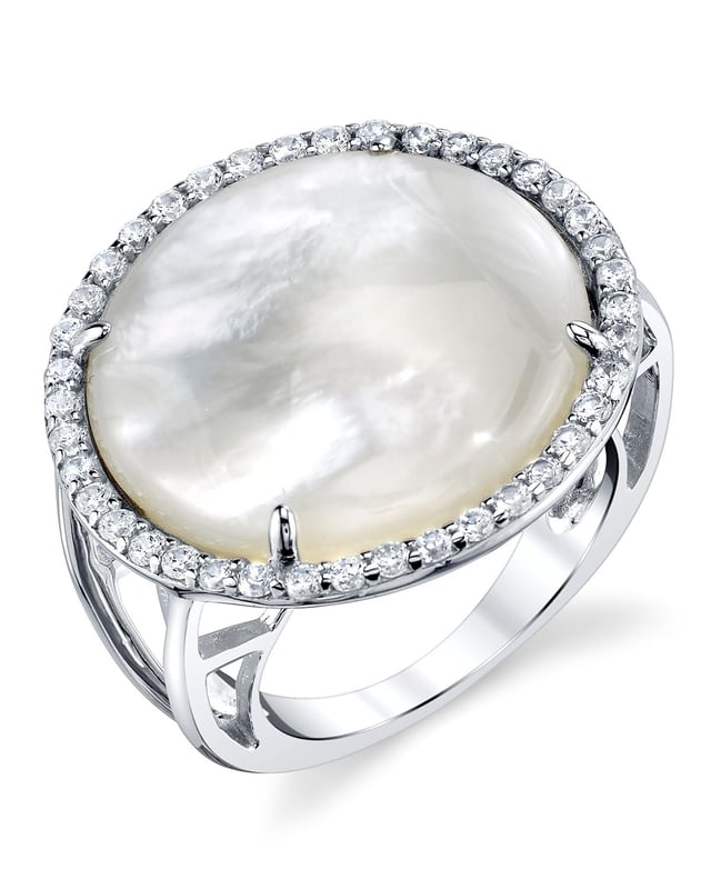 White Cultured Mother of Pearl & Cubic Zirconia Camelia Ring