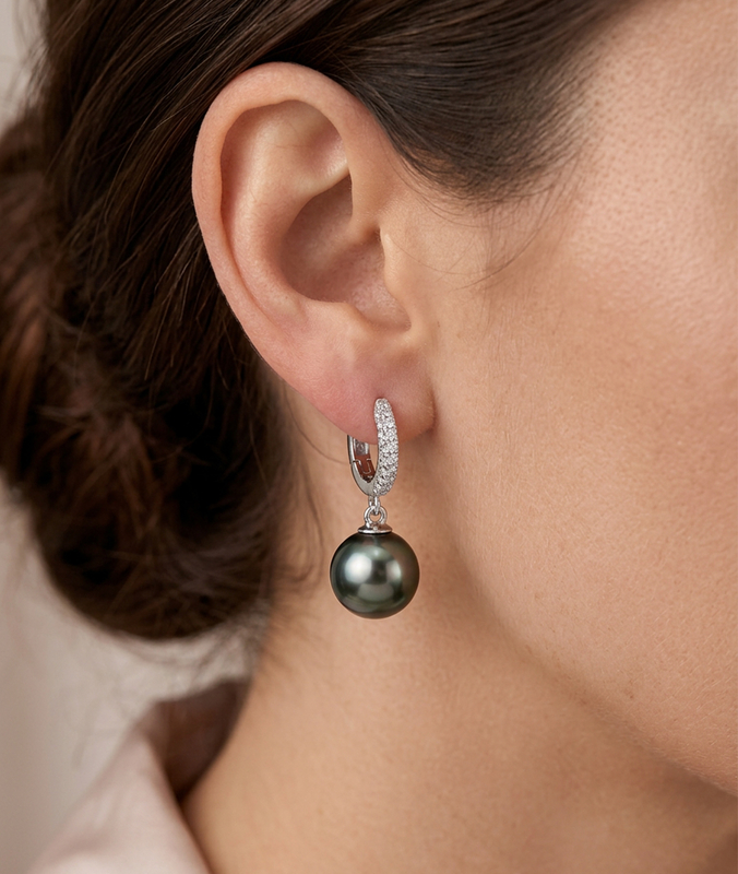 Tahitian South Sea Pearl & Diamond Huggie Eileen Earrings - Secondary Image