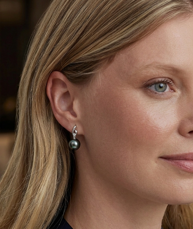 Tahitian South Sea Pearl & Diamond Lois Earrings - Secondary Image