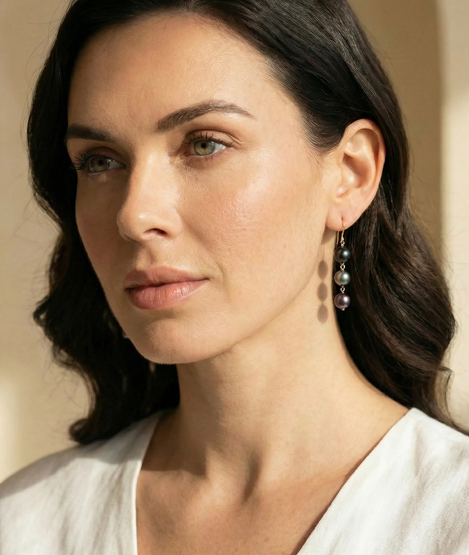 7-8mm 14K Gold Tahitian South Sea Drop Multicolor Pearl Tincup Earrings - Model Image