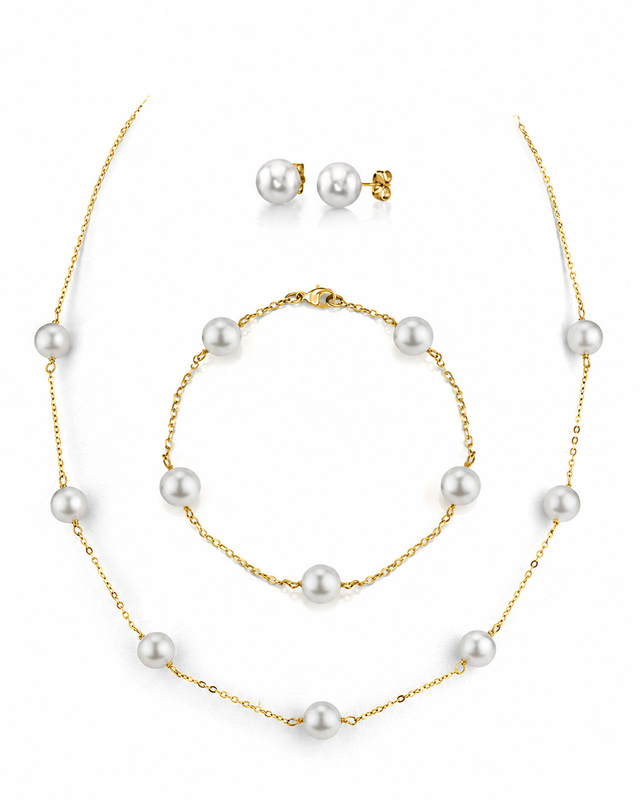 14K Gold Japanese Akoya Pearl Tincup Necklace, Bracelet, Earrings Set