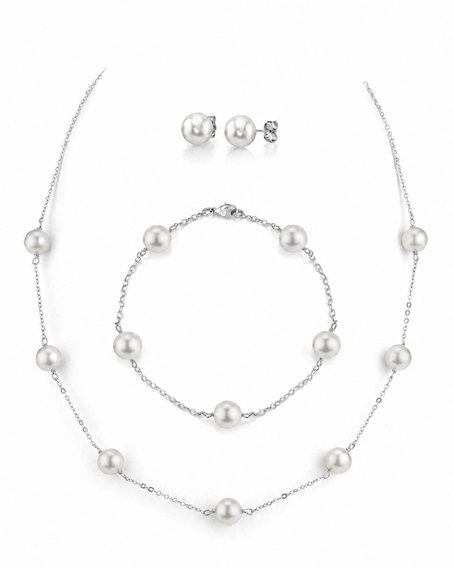 14K Gold Japanese Akoya Pearl Tincup Necklace, Bracelet, Earrings Set