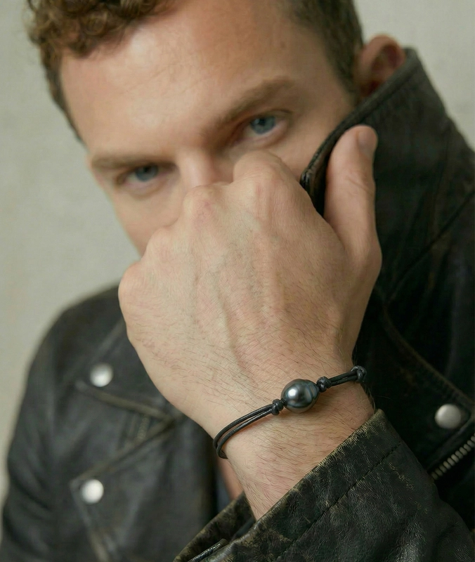 Tahitian Baroque Pearl Leather Adjustable Bracelet for Men - Secondary Image