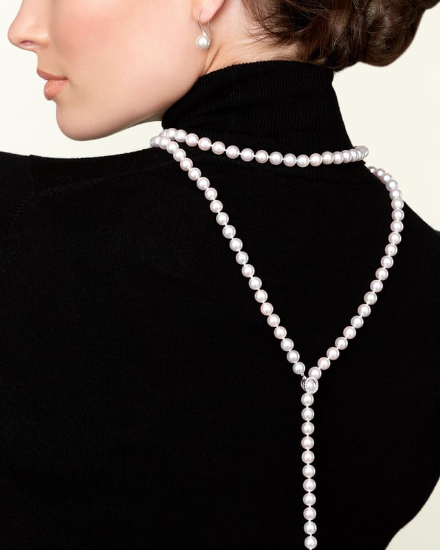 8.0-8.5mm White Freshwater Pearl & Diamond Adjustable lariat Y-Shape Necklace- AAAA Quality - Model Image