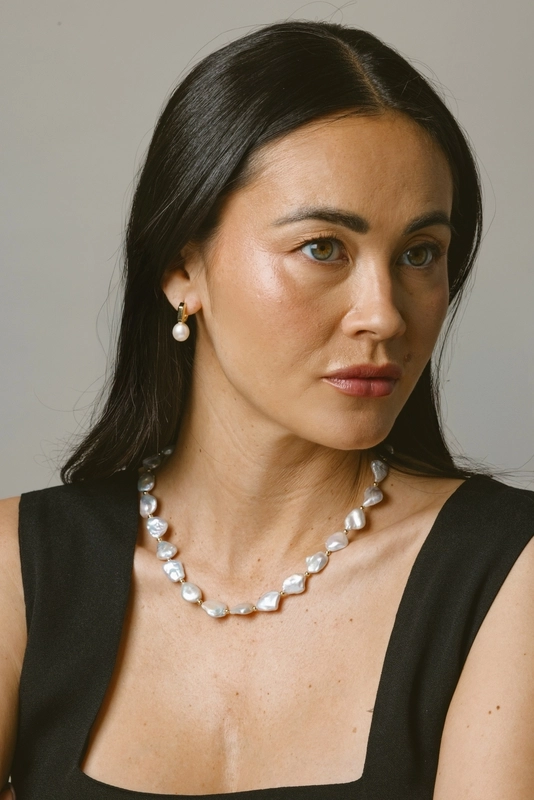 White Freshwater Baroque Pearl Blaire Earrings - Model Image