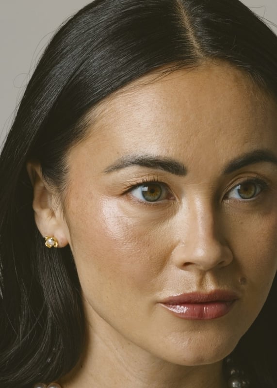 White Freshwater Pearl Flower Paris Stud Earrings - Model Image