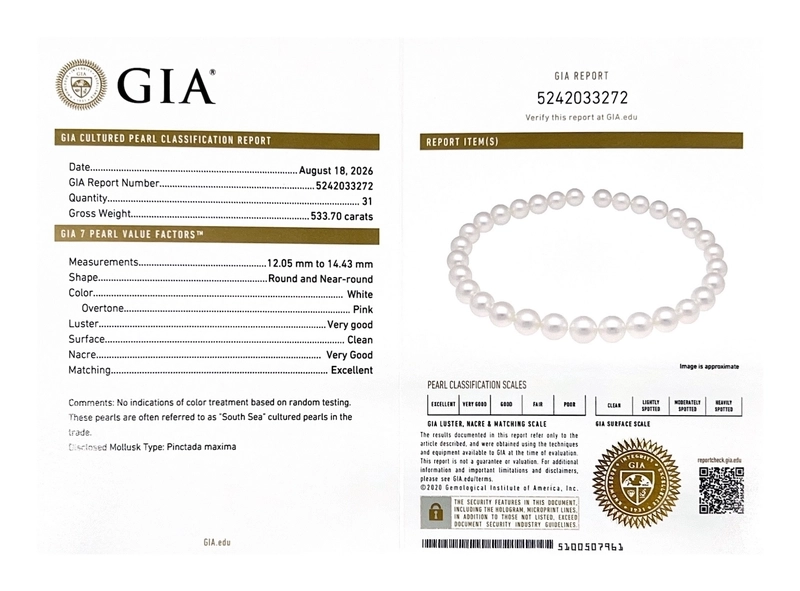 12-14mm White South Sea Round Pearl Necklace AAAA Quality - GIA Certified - Model Image