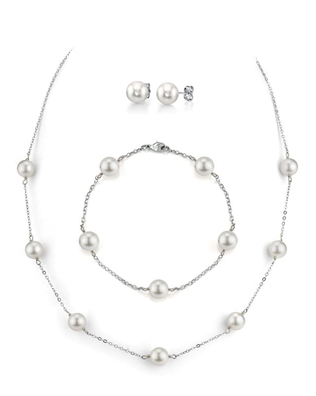 14K Gold Japanese Akoya Pearl Tincup Necklace, Bracelet, Earrings Set
