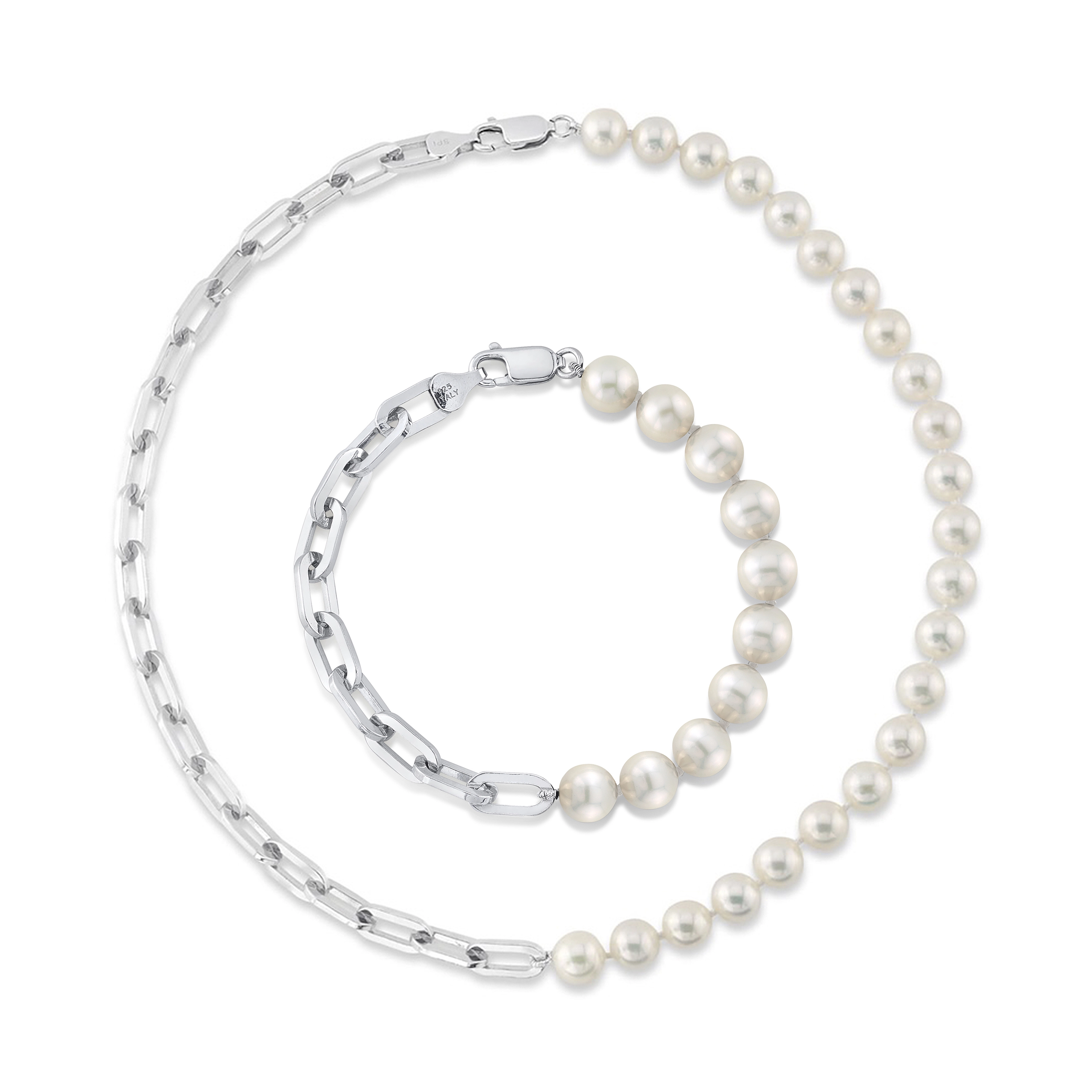 7mm White Freshwater Scarlett Pearl & Chain Necklace, Bracelet Set