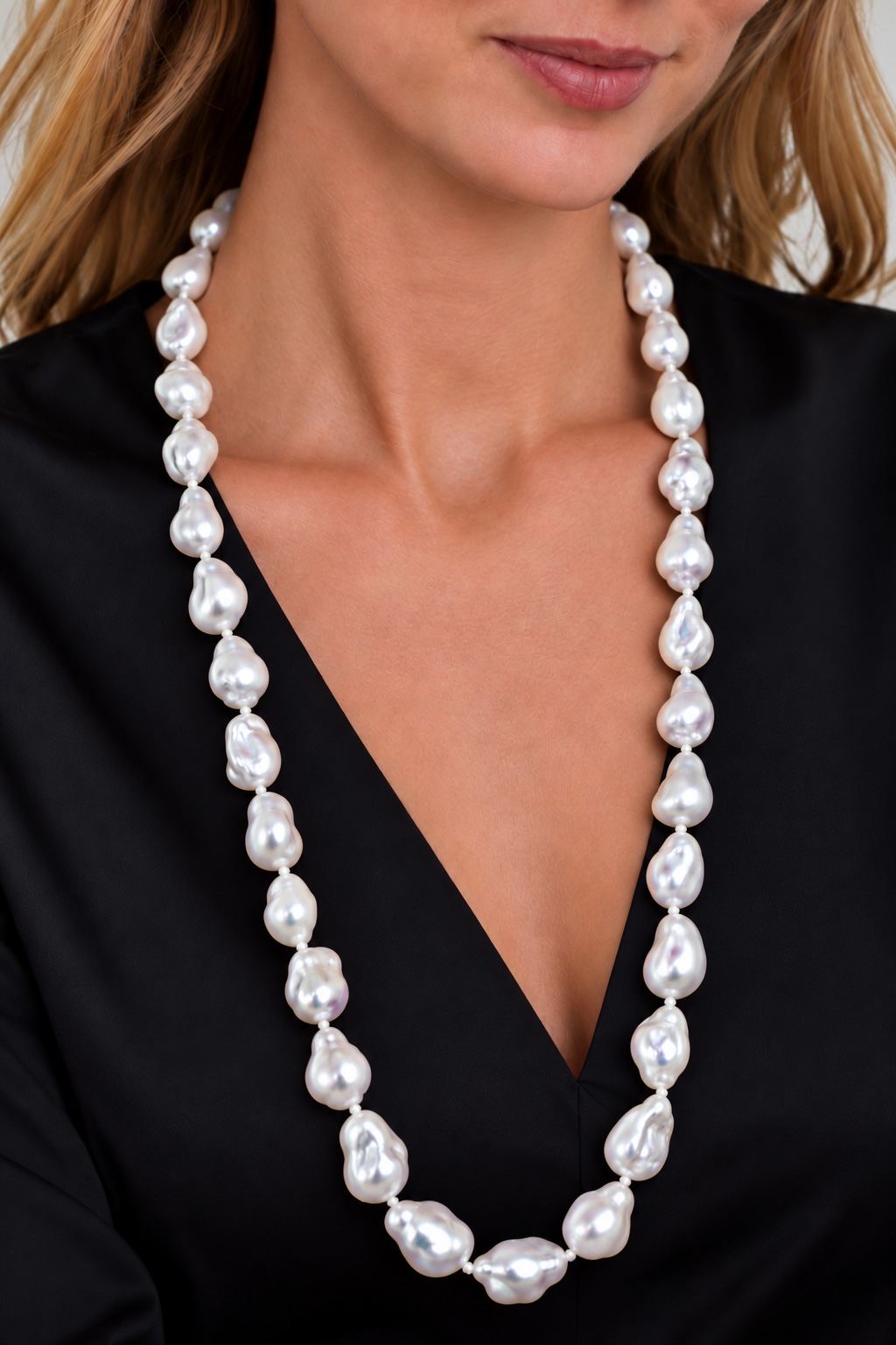 13-16mm Opera Length White Freshwater Baroque Pearl Necklace - AAA Quality - Model Image