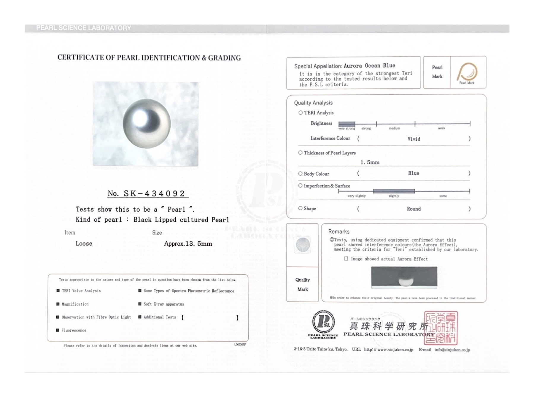 13.5mm Tahitian South Sea Silver Pearl - PSL Certified