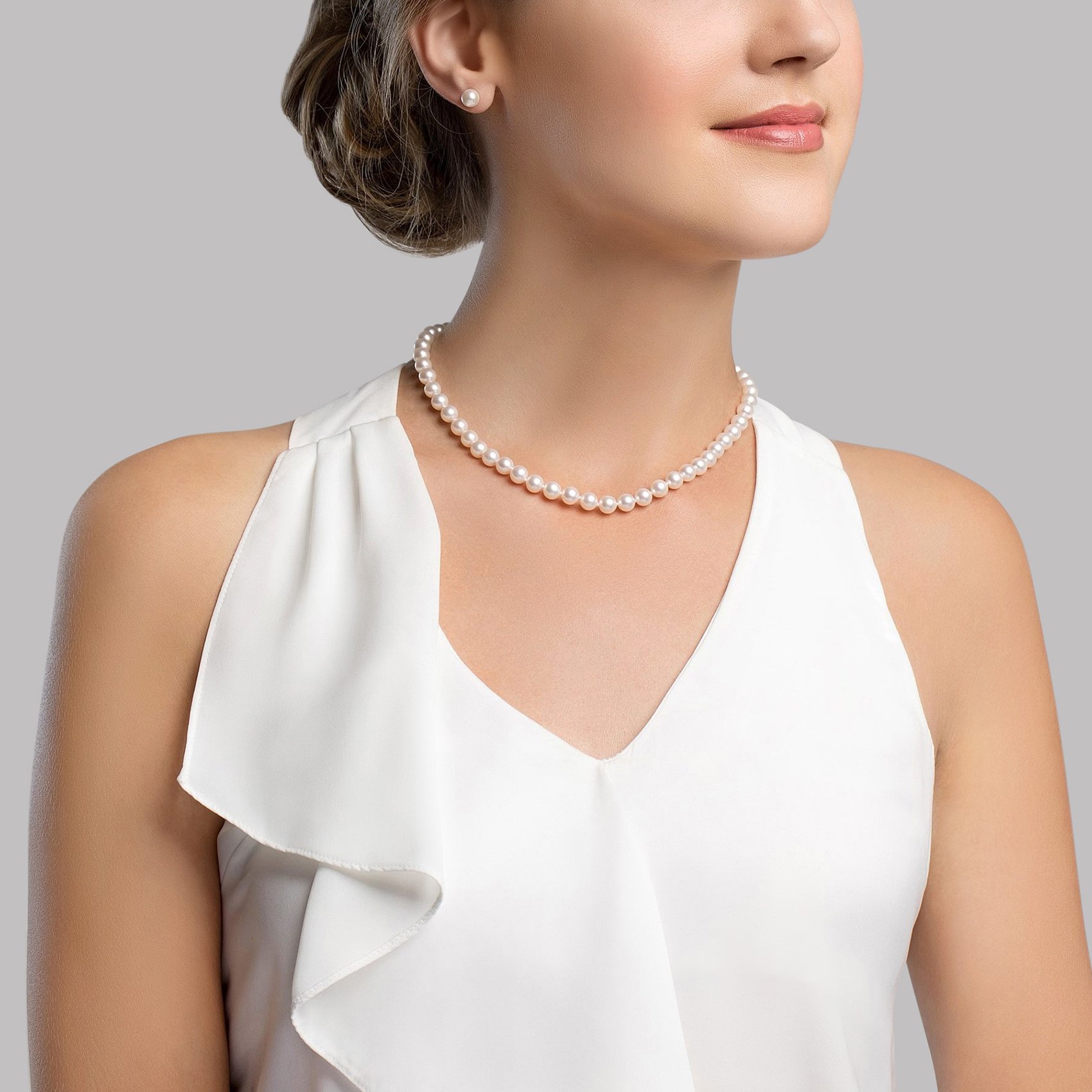 6.5-7.0mm Hanadama Pearl Necklace and Earring Set - Model Image