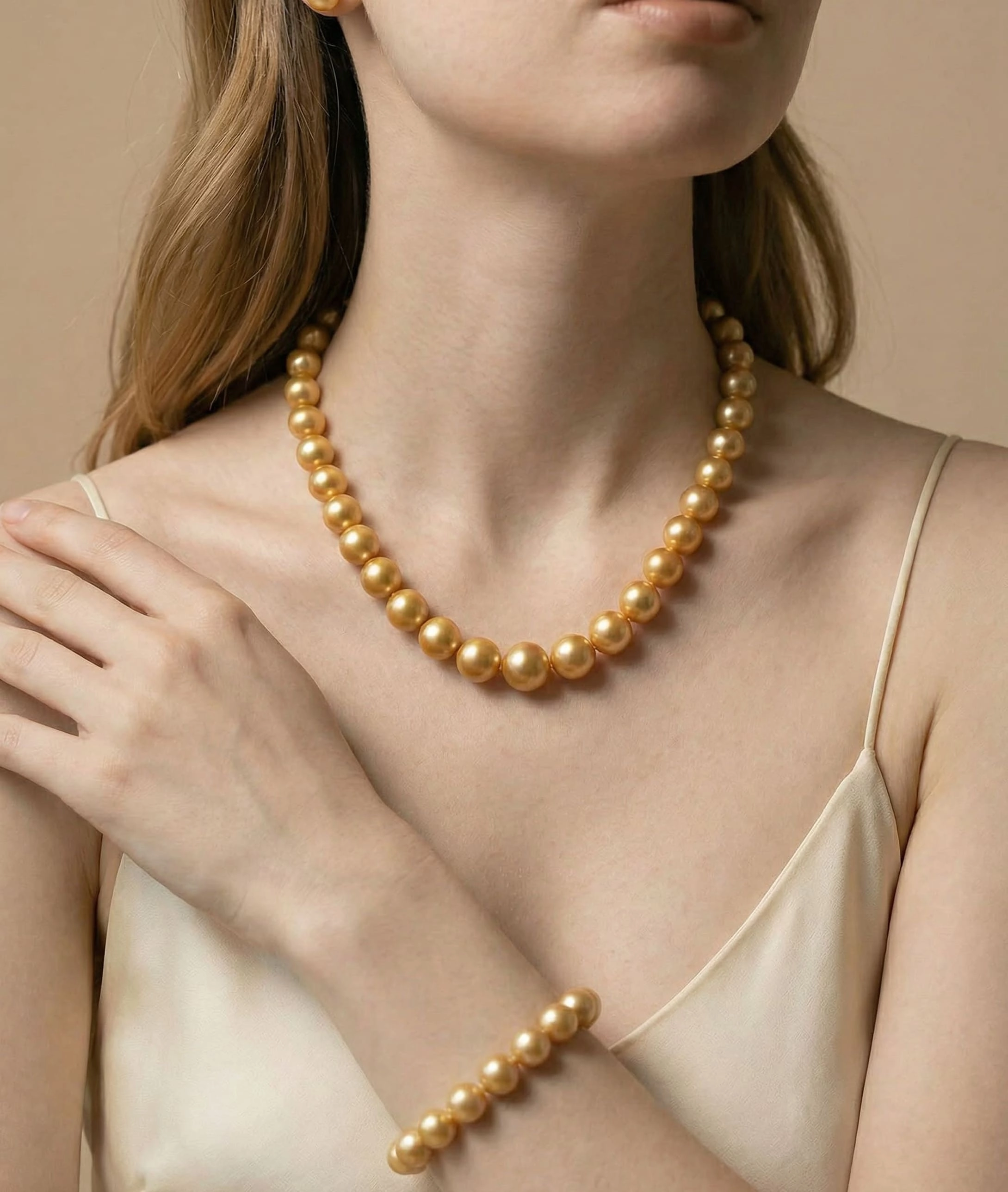 8-10mm Golden Round South Sea Pearl Set - AAAA Quality