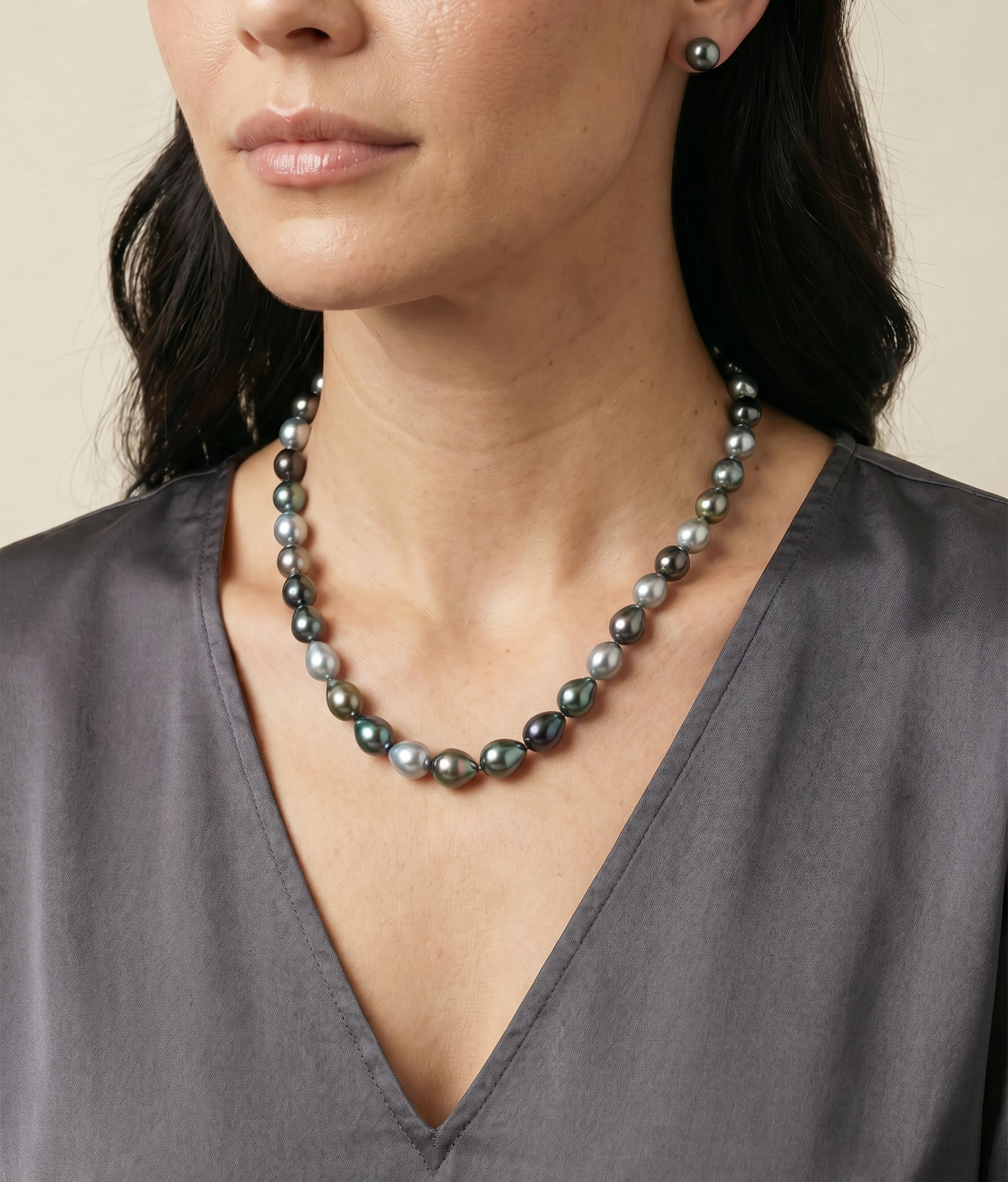 8-10mm Tahitian South Sea Multicolor Drop Pearl Necklace - AAAA Quality - Model Image