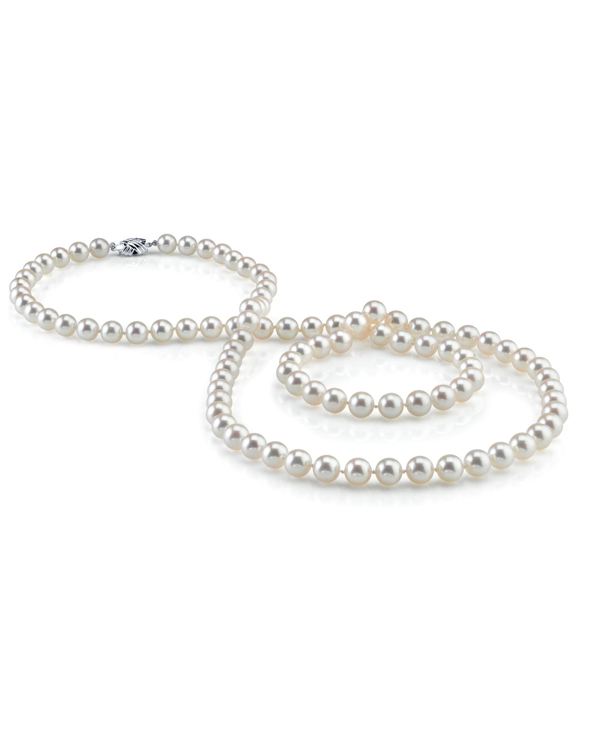36" Opera Length Akoya White Round Pearl Necklace - 14k Yellow Gold Plated Clasp