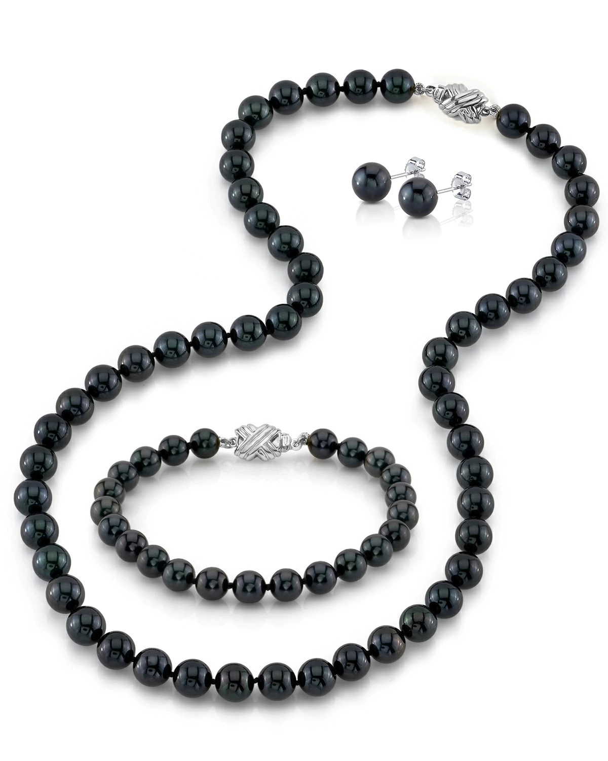 7.5-8.0mm Black Freshwater Pearl Necklace, Bracelet, Earrings Set