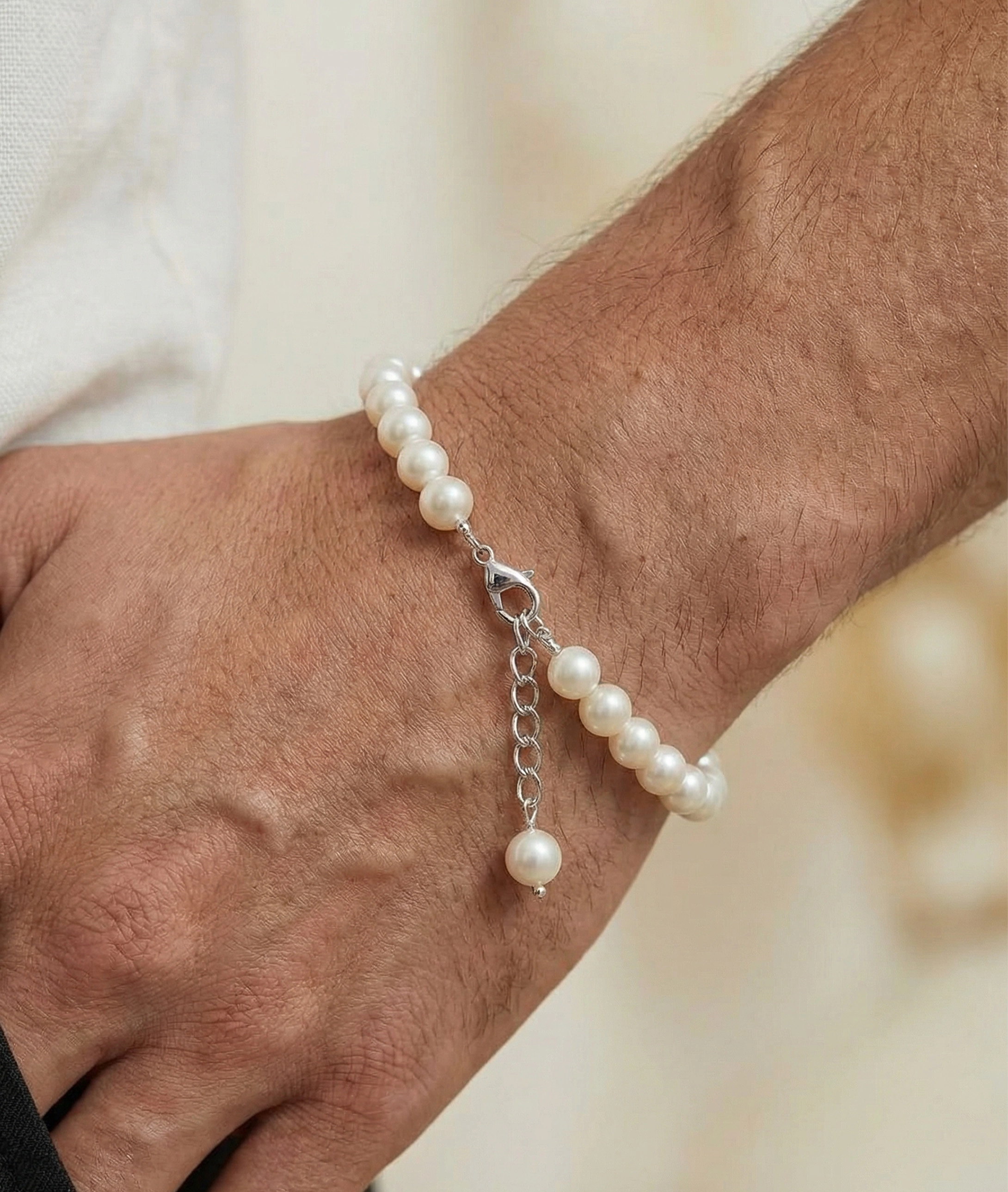 7.5-8.5mm White Freshwater Pearl Adjustable Bracelet for Men