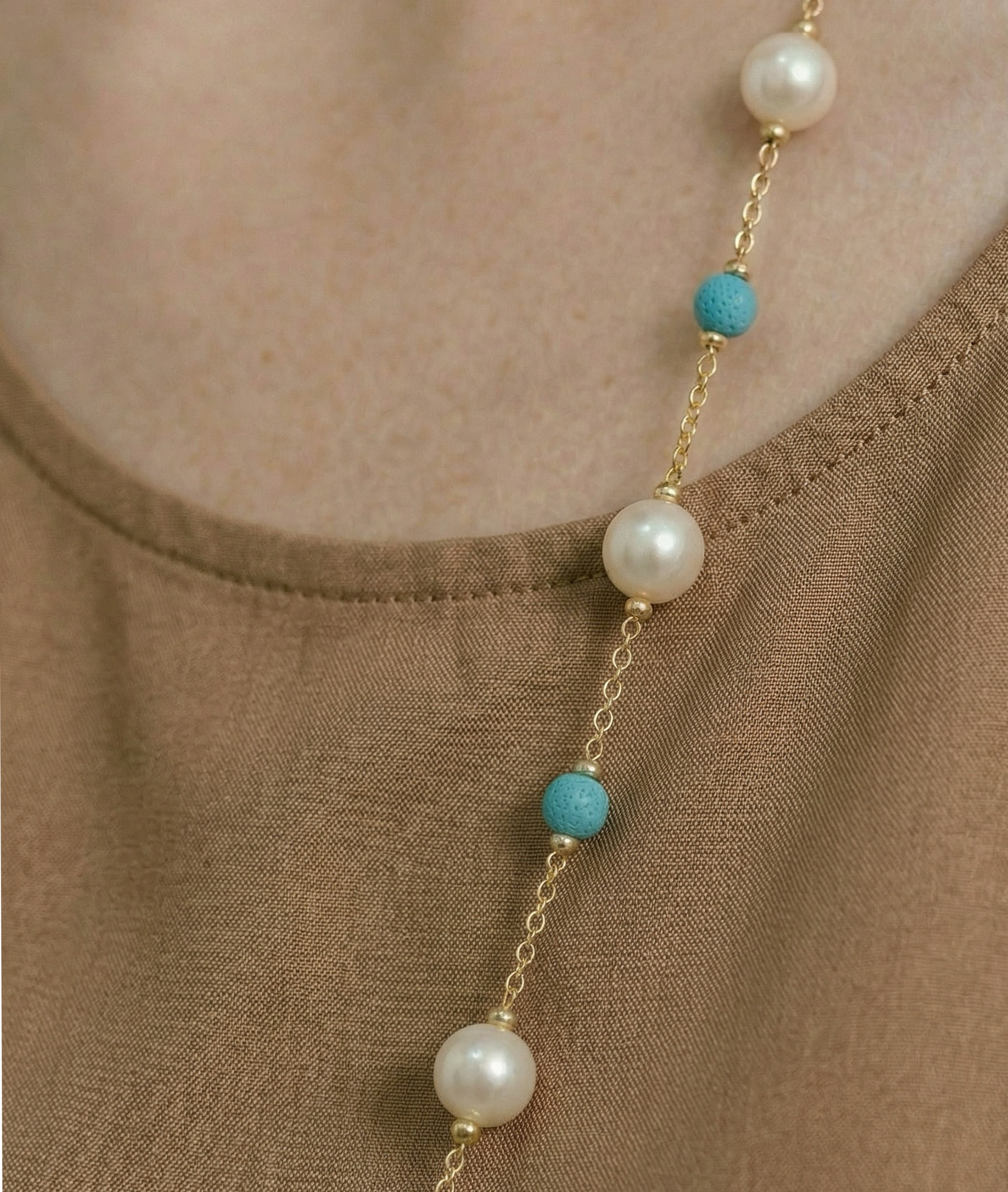White Freshwater Pearl Tincup Turquoise Necklace - Secondary Image