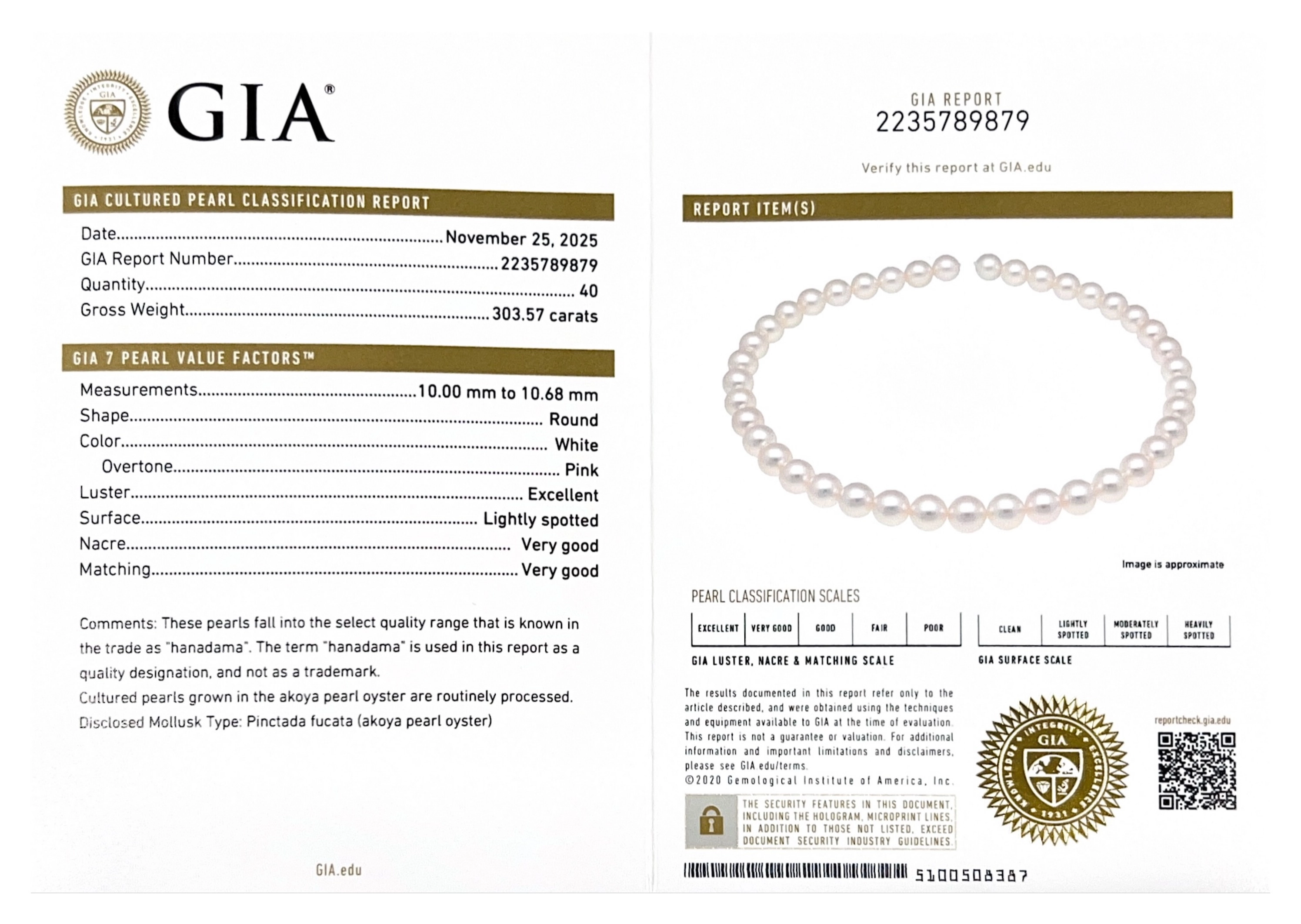 10.0-10.68mm Japanese Akoya White Pearl Necklace - GIA Certified