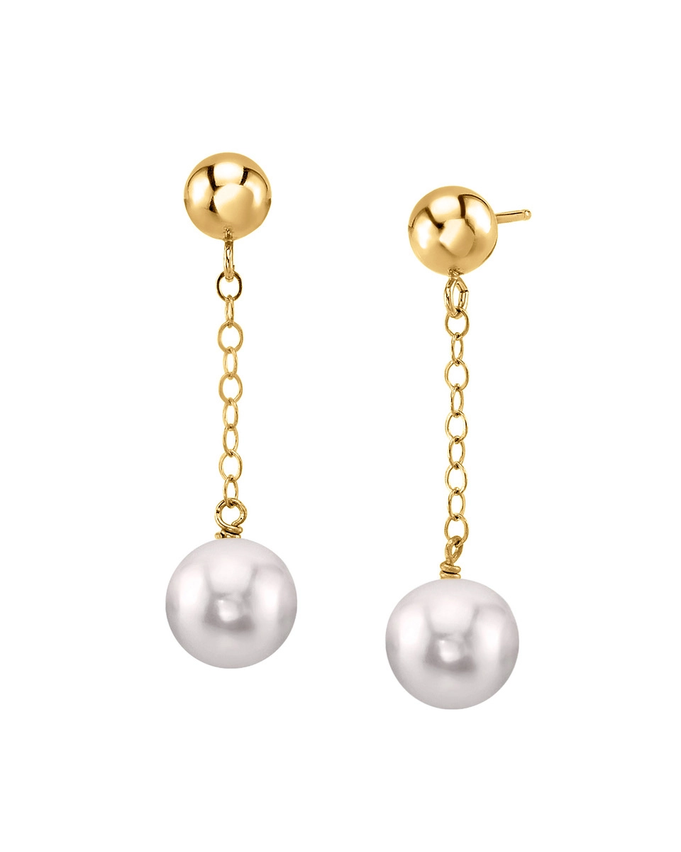 14K Gold Akoya Round Ball Double Chain Earrings