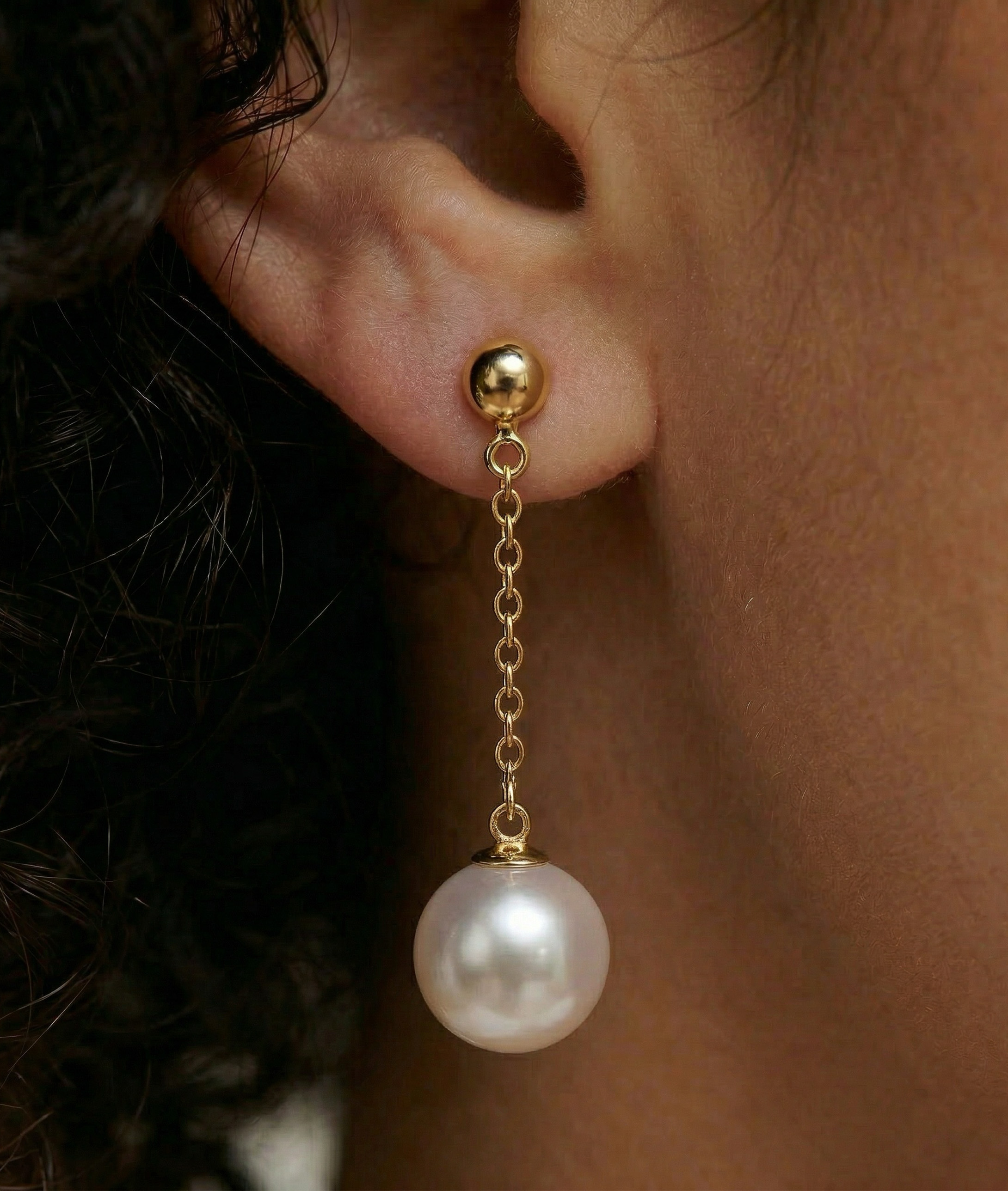 14K Gold Akoya Round Ball Double Chain Earrings - Secondary Image