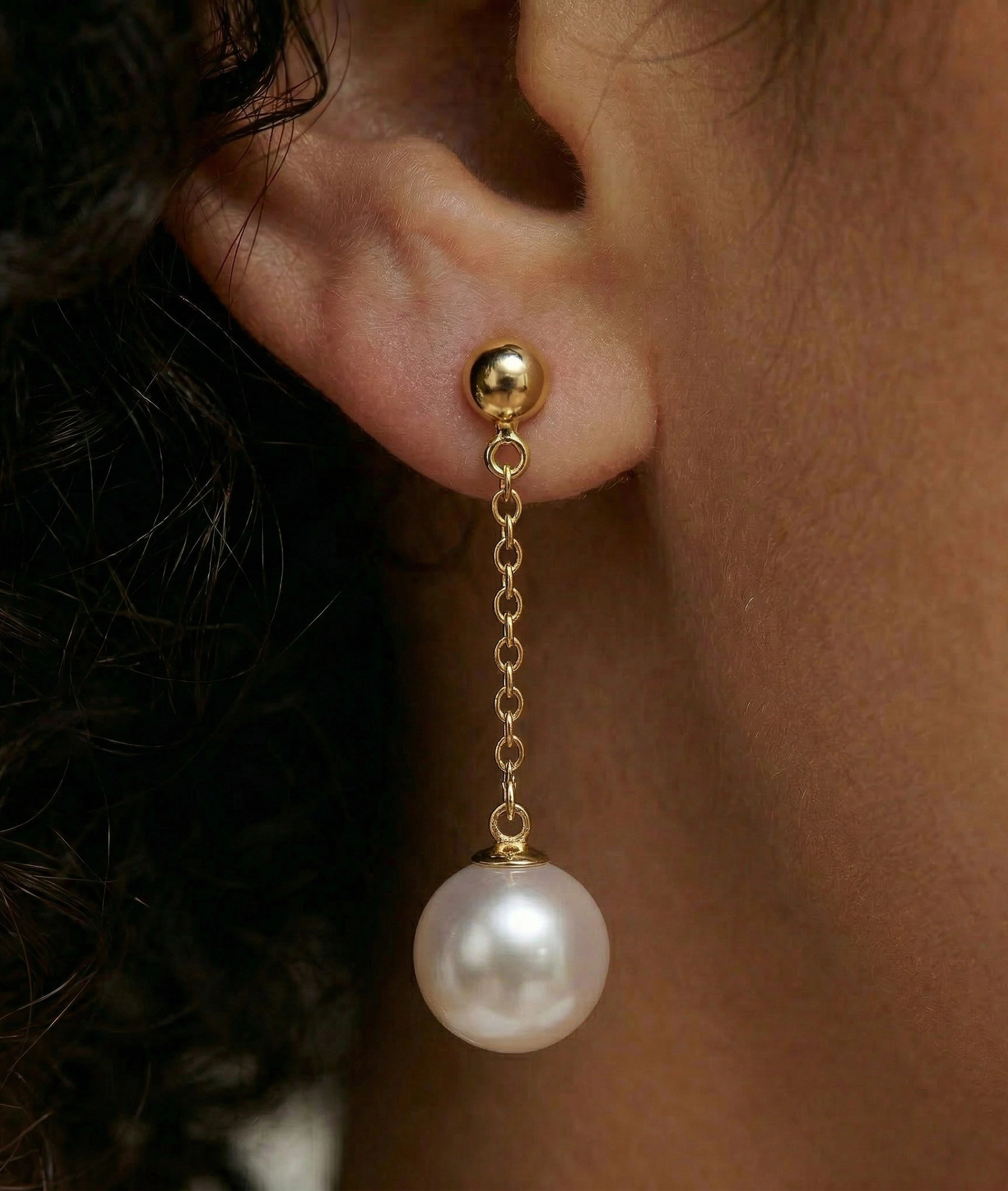 14K Gold Akoya Round Ball Double Chain Earrings