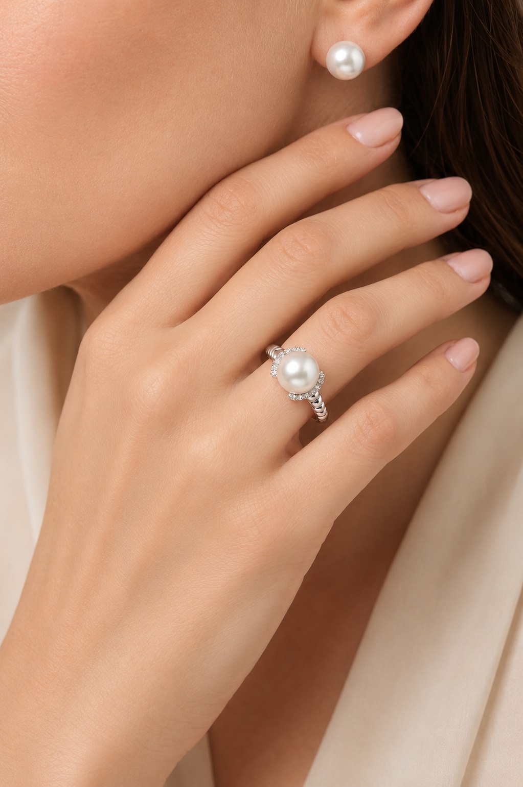 White South Sea Pearl & Diamond Jackie Ring - Model Image