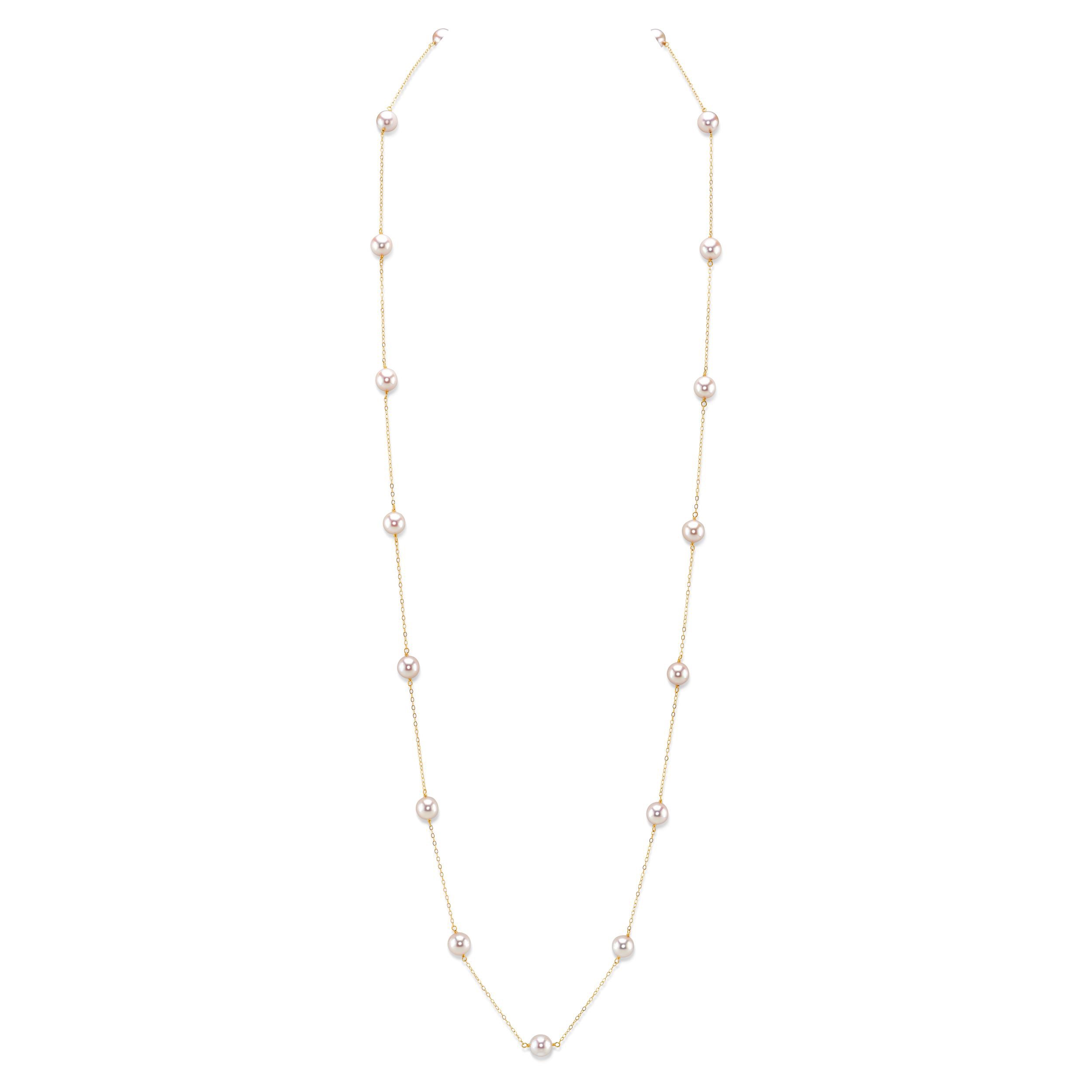 14K Gold Opera Japanese Akoya Pearl Tincup Necklace