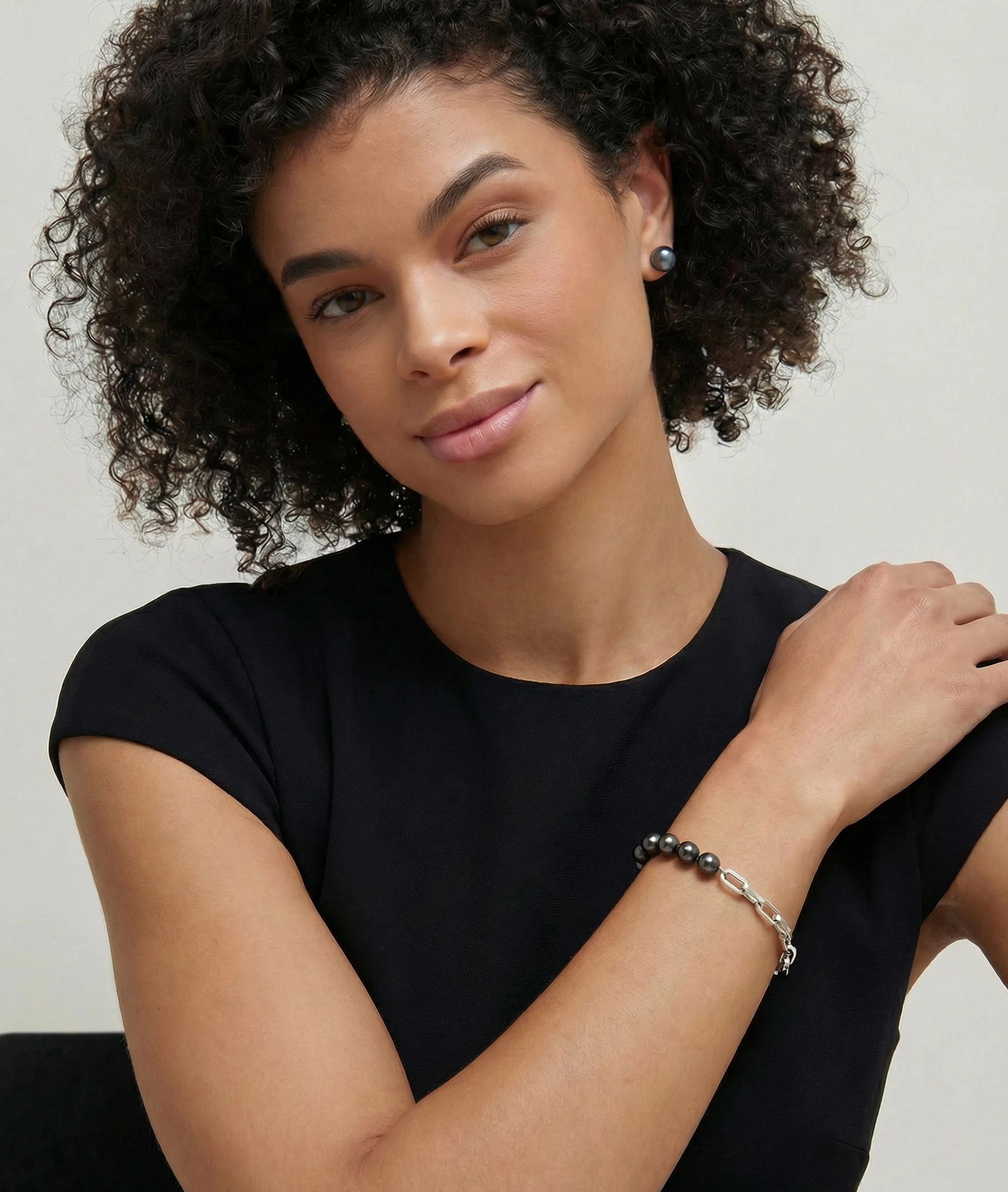 7.5-8.0mm Black Freshwater Pearl & Chain Blake Bracelet for Women