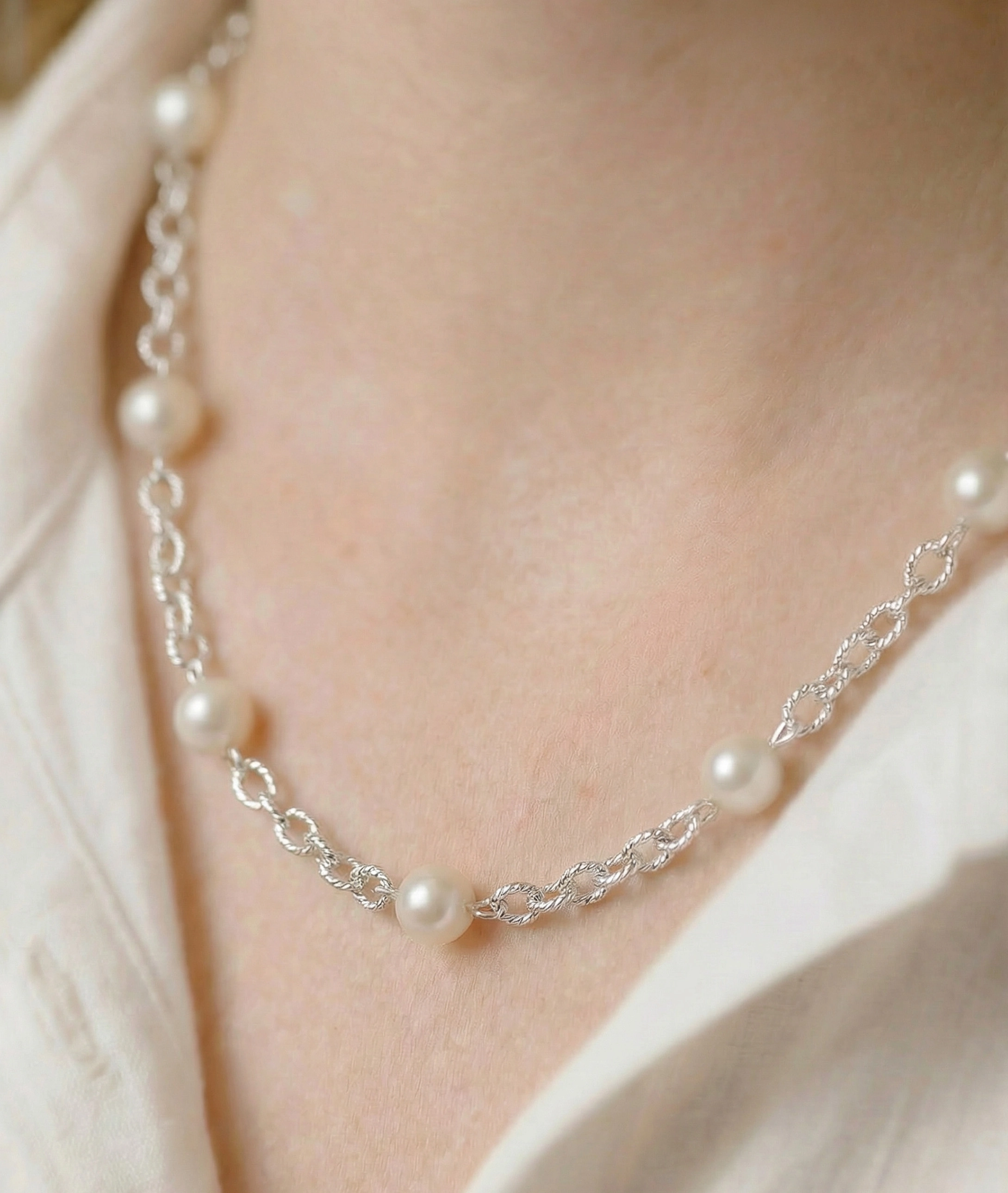 White Freshwater Pearl Tincup Braided Necklace
