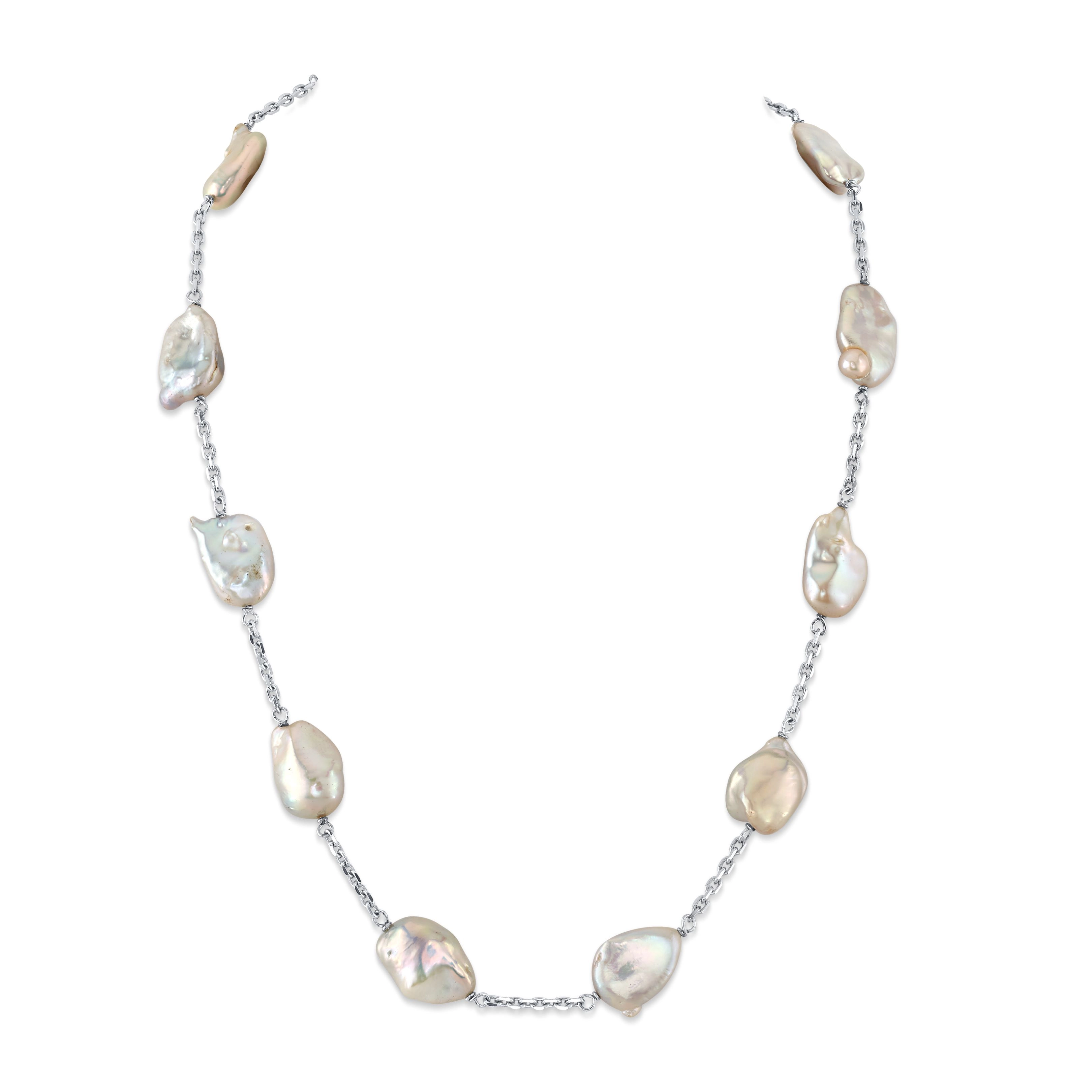 White Freshwater Cultured Keshi Pearl Rhodes Necklace for Women