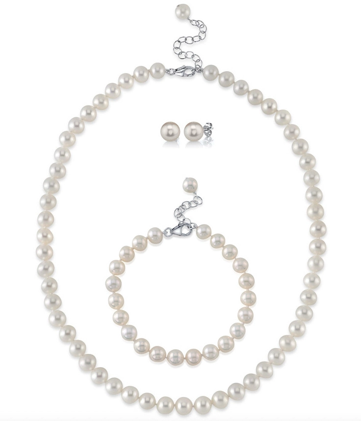 8.0-8.5mm White Freshwater Pearl Adjustable Necklace, Bracelet, Earrings Set