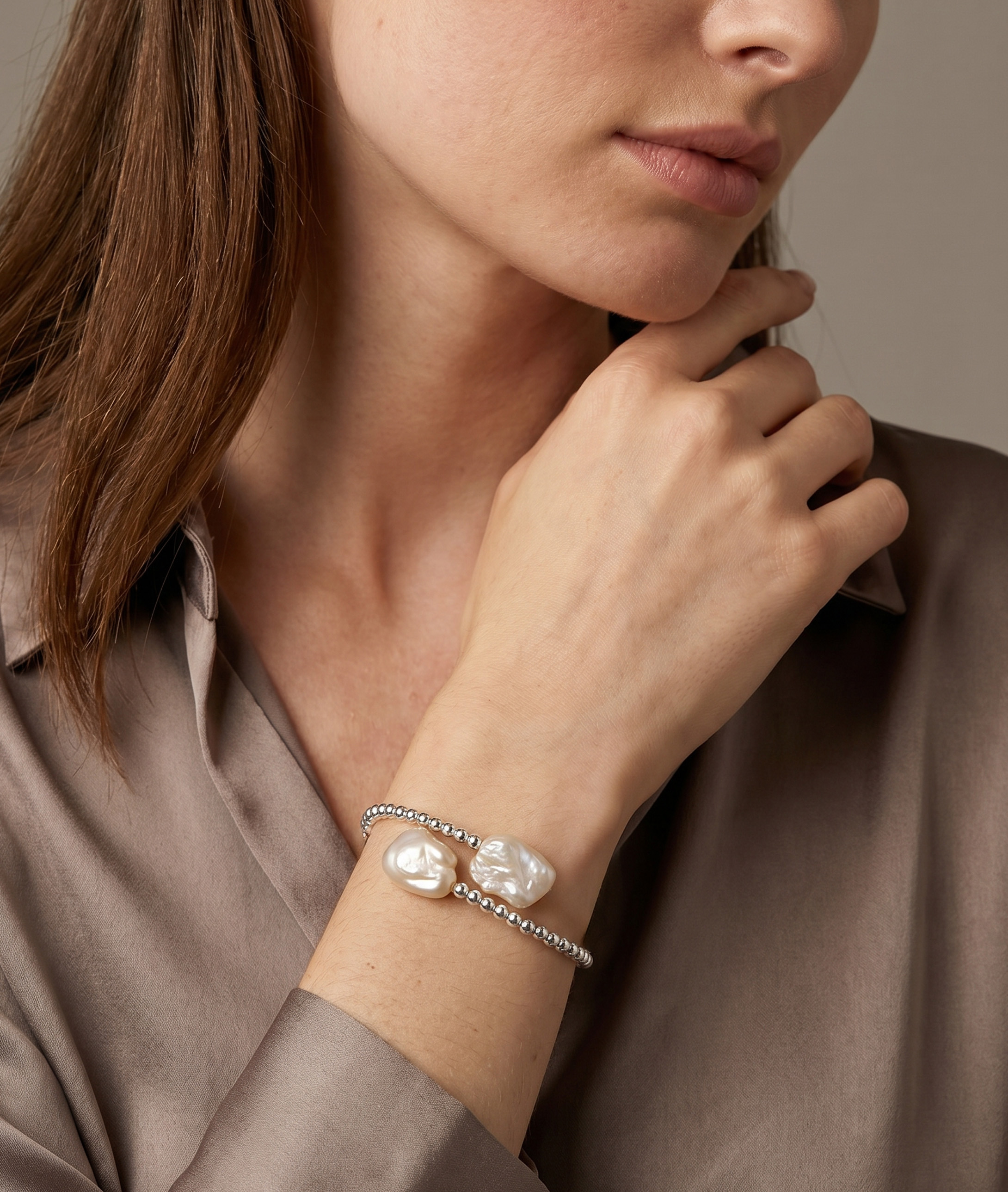 14K Gold White Baroque Freshwater Pearl Beaded Bangle Mira Bracelet - Model Image