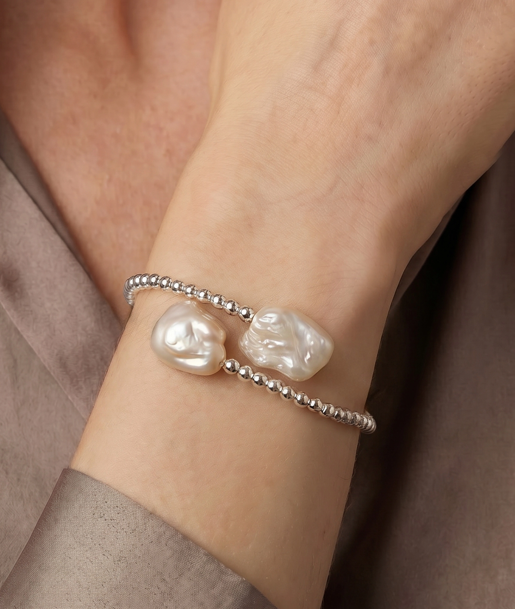 14K Gold White Baroque Freshwater Pearl Beaded Bangle Mira Bracelet