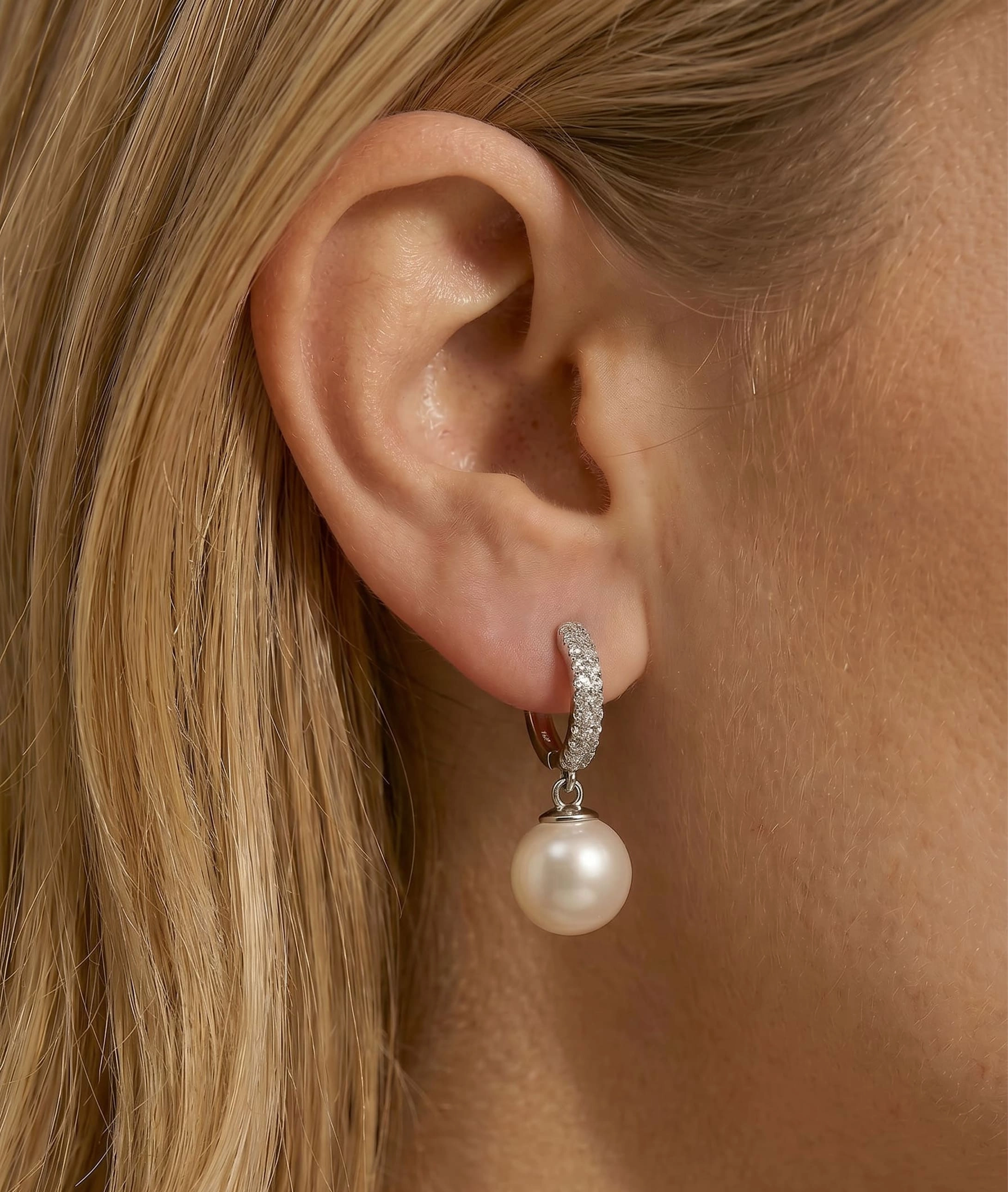 White South Sea Pearl & Diamond Huggie Eileen Earrings