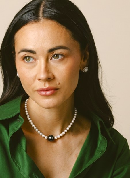 6.0-6.5mm Japanese Akoya White Pearl Necklace With Round Tahitian Center