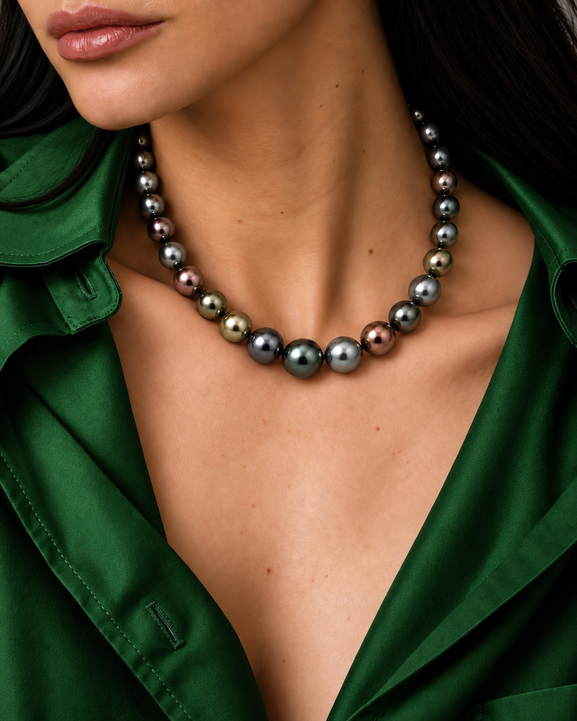 10-12mm Tahitian South Sea Multicolor Drop - Shape Pearl Necklace - AAAA Quality - Model Image
