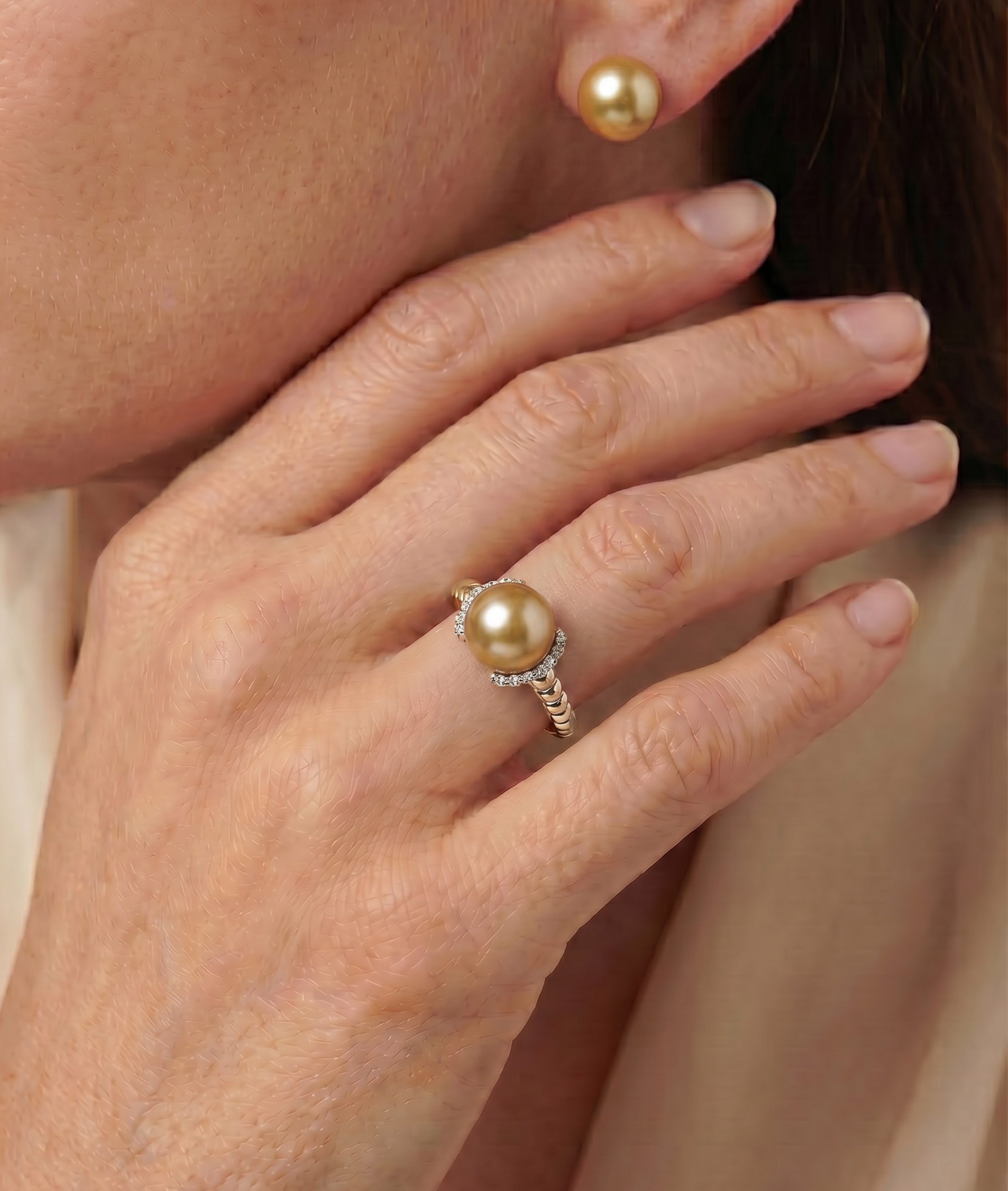 Golden South Sea Pearl & Diamond Jackie Ring - Model Image