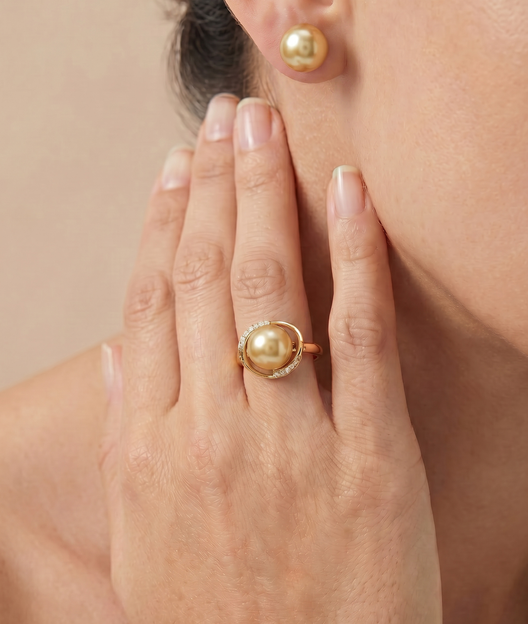 Golden Pearl & Diamond Ruby Ring - Model Image
