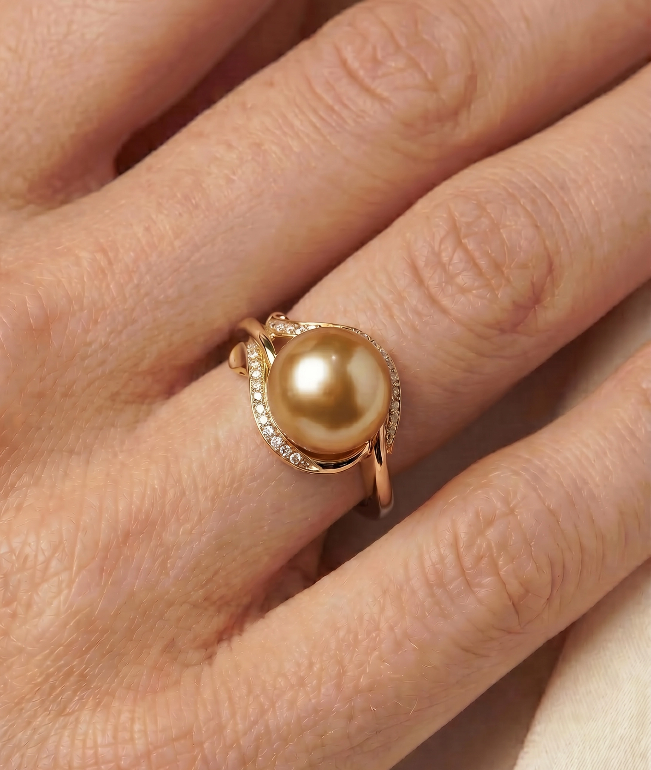 Golden Pearl & Diamond Willow Ring